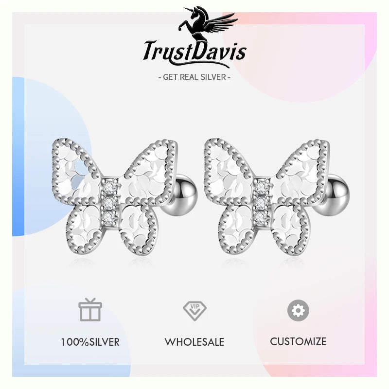 Trustdavis Real 925 Sterling Silver Sweet Fashion Butterfly Stud Earrings Women Girls Birthday Party Gift Jewelry DS4137