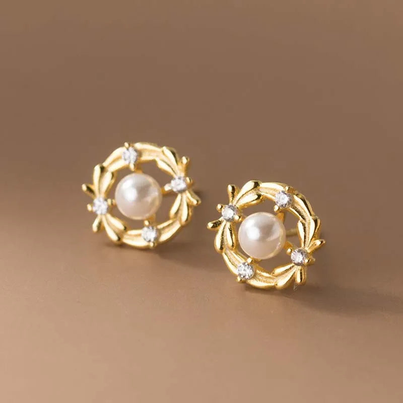 Trustdavis Girls 925 Sterling Silver Fashion Pearl Zircon Stud Earrings for Women Girls Wedding Party S925 Jewelry DS4560