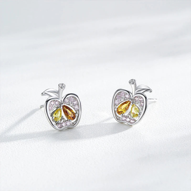 TrustDavis 925 Sterling Silver Women's Fashion Cute Apple Multicolor Zirconia Earrings for Women Girl Jewelry Gift DS4305