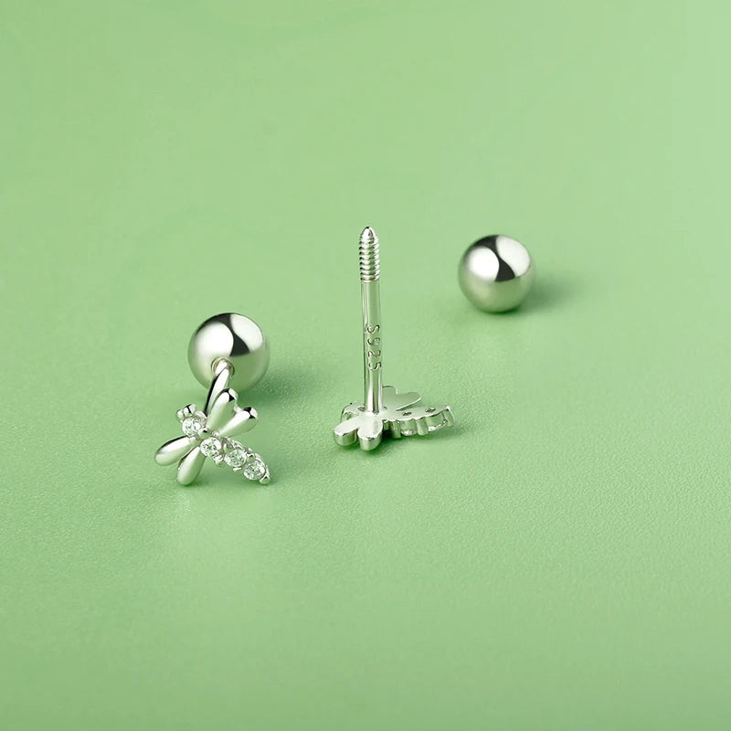 TrustDavis Real 925 Sterling Silver Insect Dragonfly CZ Screw Stud Earrings For Women Girls Fashion Fine Jewelry Gift DS4619
