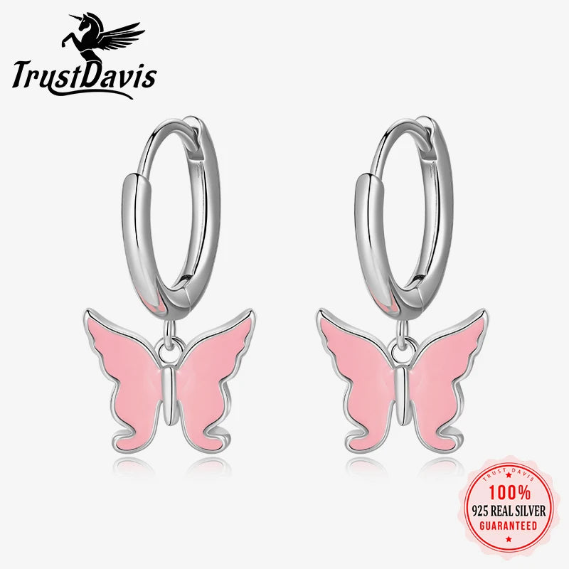TrustDavis Real 925 Sterling Silver Charm Glaze Butterfly Pendant Hoop Earrings For Women Wedding Party Fine Jewelry Gift DS4593