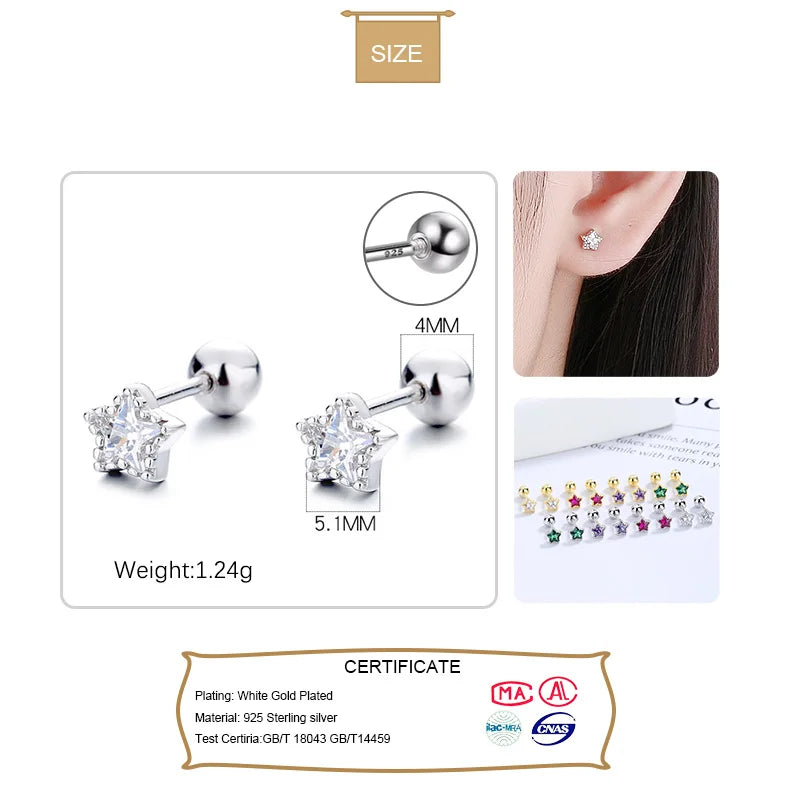 Geometric Star Colour CZ Screw Stud Earrings For Women Wedding Fine Jewelry DA052