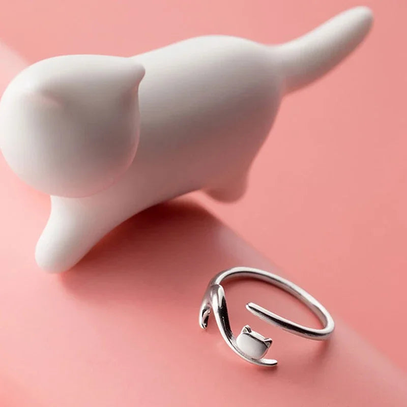 TrustDavis Real 925 Sterling Silver Fashion New Sweet Animal Cat Opening Ring For Women Wedding Party Fine S925 Jewelry DB065