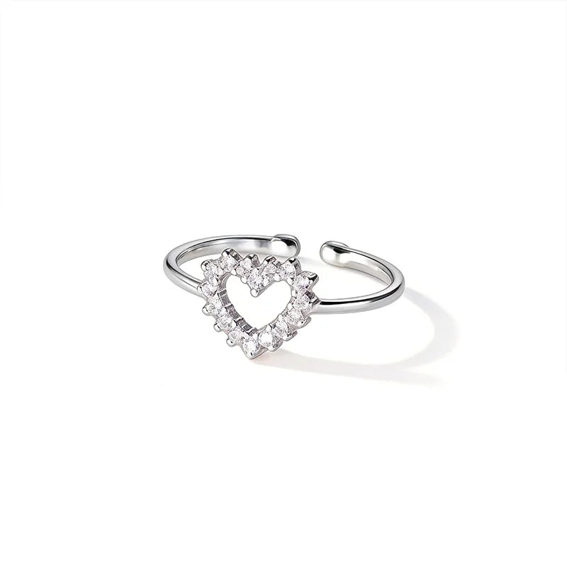 Heart-shaped Zircon Silver Open Ring DS4866