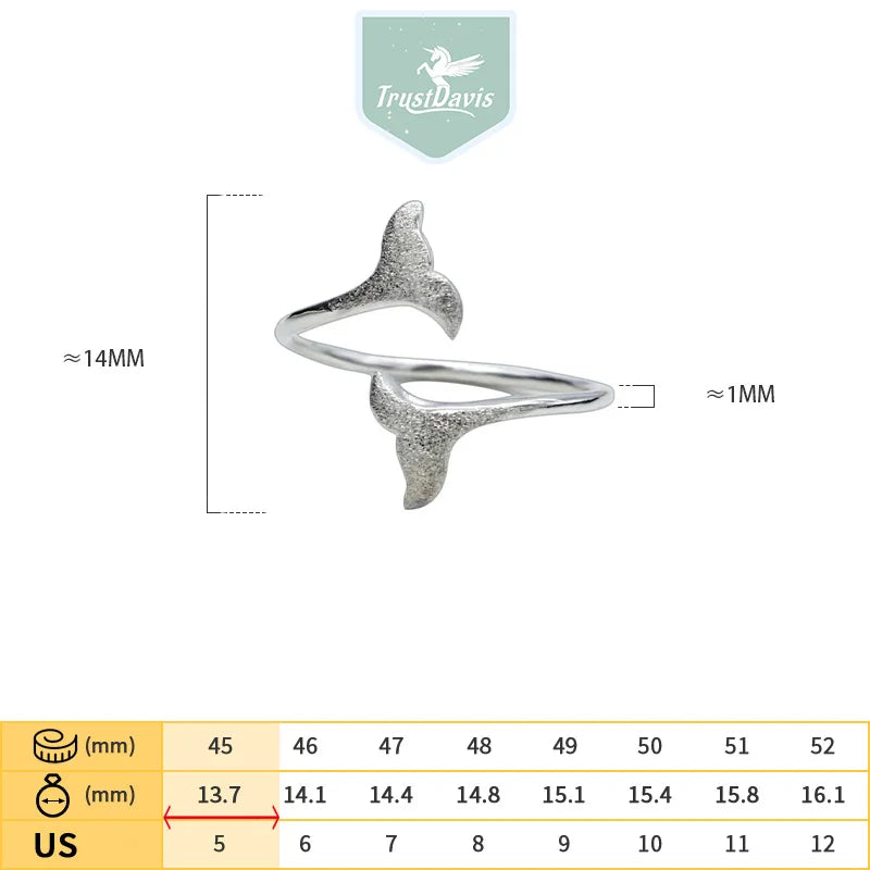 Trustdavis 100% 925 Sterling Silver Sweet Double Mermaid Tail Adjustable Rings For Women Wedding Party S925 Ring Jewelry DS586