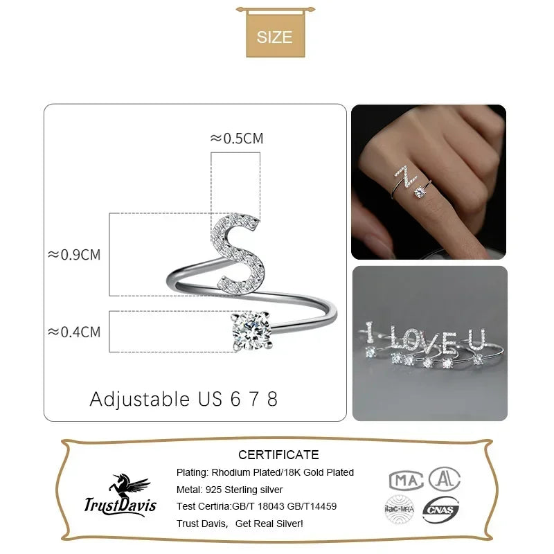 TrustDavis Real 925 Sterling Silver Rings For Women Wedding Party Jewelry 26 Letter Clear CZ Opening Ring Fine Jewelry DA3121
