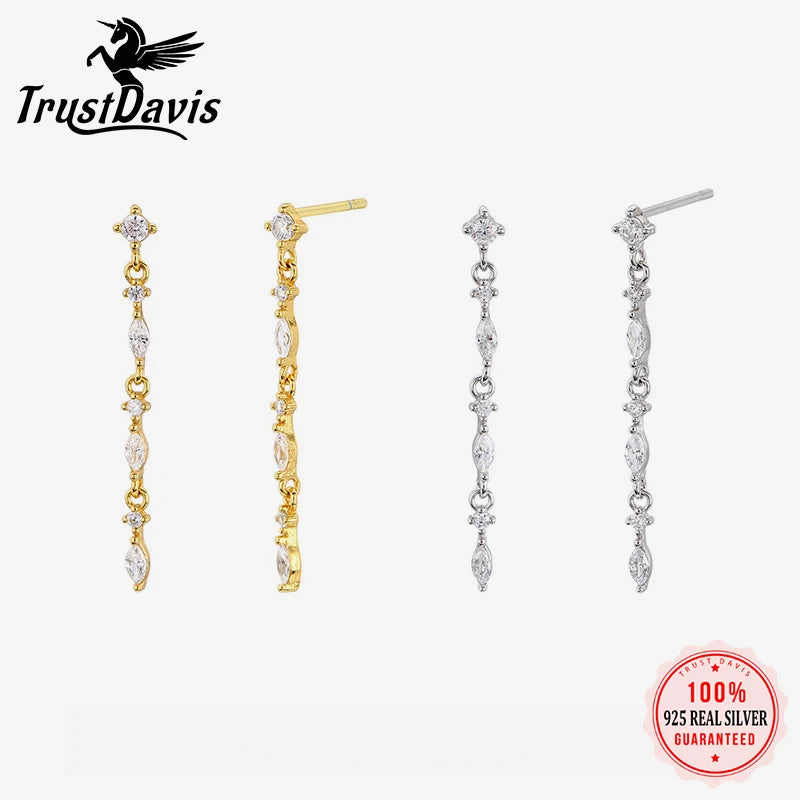 TrustDavis 925 Sterling Silver Women's Fashion Simple Zirconia Long Chain Drop Earrings for Women Girls Jewelry Gift DS4380