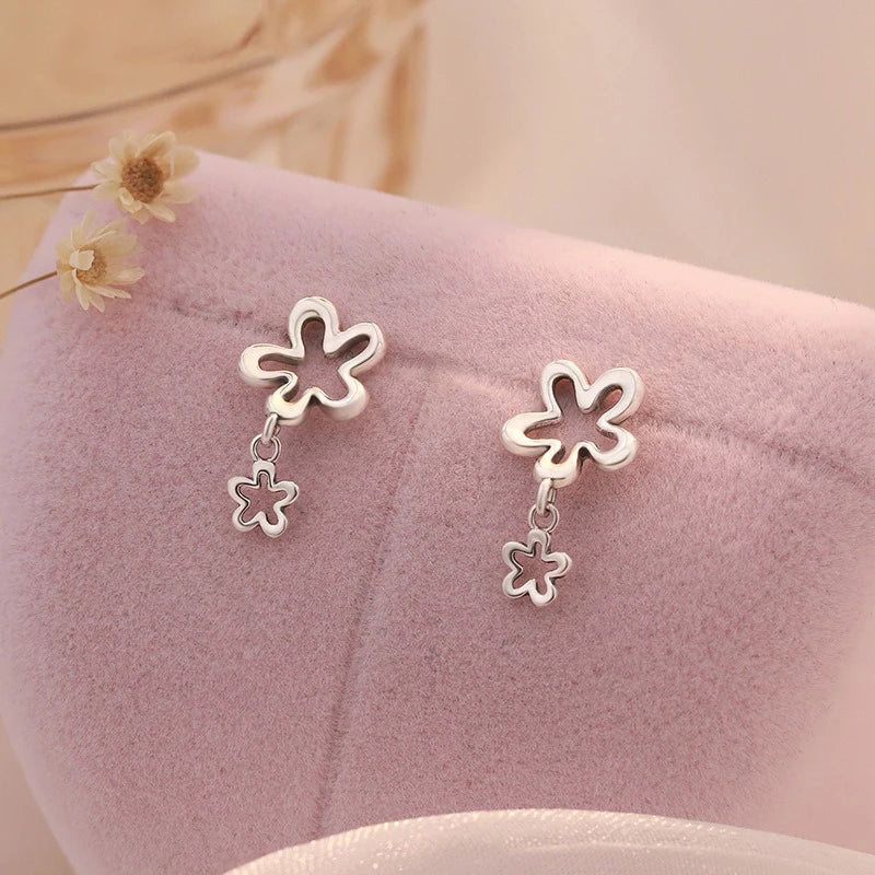 TrustDavis 925 Sterling Silver Women's Flower Earring Fashion Sweet Two Flower Stud Earrings for Women Girls Jewelry Gift DS4289