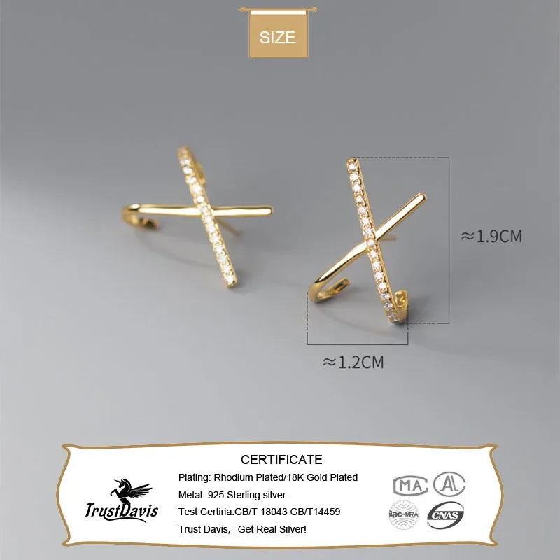 TrustDavis Real 925 Sterling Silver 2022 Jewelry 18k Gold Cross CZ Stud Earrings for Wedding Party Gift Fine 925 Jewelry DE0027