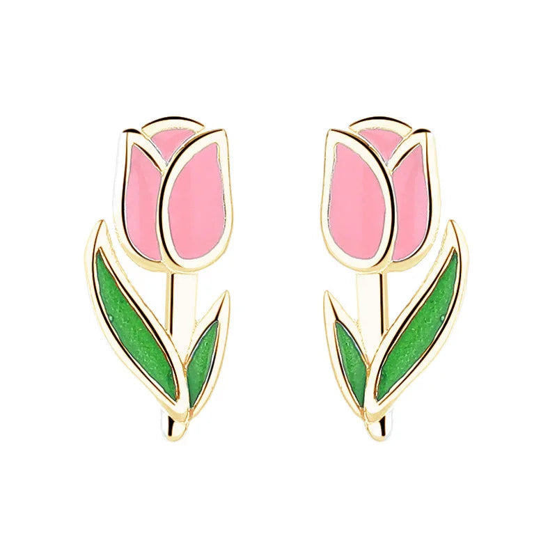 Trustdavis Real 925 Sterling Silver Sweet Fashion Tulips Fresh Stud Earrings Women Girls Birthday Party Gift Jewelry DS4136