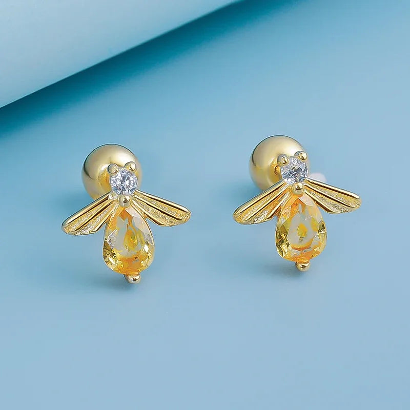 TrustDavis Real 925 Sterling Silver Cute Insect Bee Zircon Stud Earrings For Women Wedding Valentine's Day Jewelry DS4575