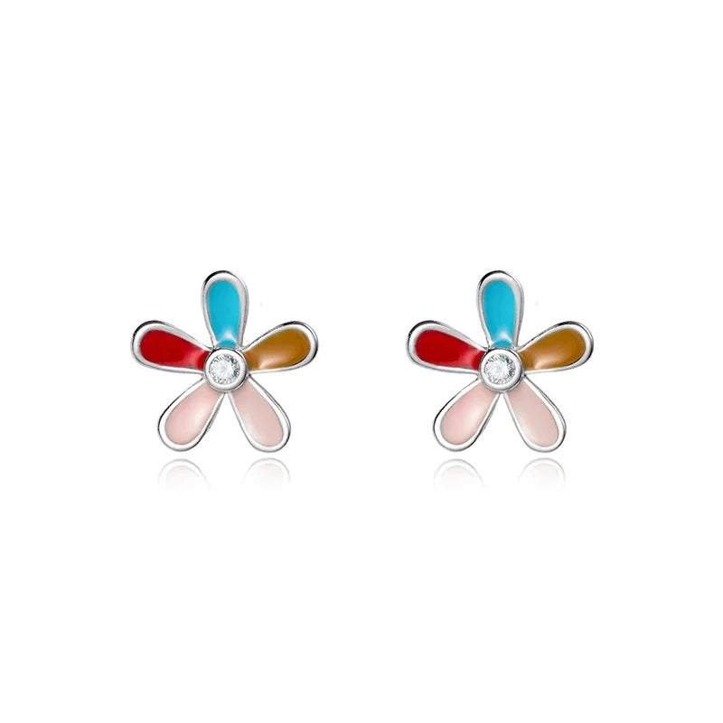 TrustDavis Girls Real 925 Sterling Silver Cute Colorful Five Petal Flower Earring Gift for Women Girl Fine Jewelry Gift DS4074