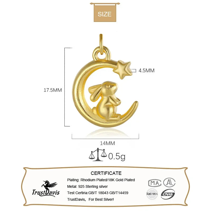 TrustDavis Real 925 Sterling Silver Sweet Rabbit Moon Charm Pendant Handmade DIY Fit Necklace Bracelet Accessories Jewelry DZ747