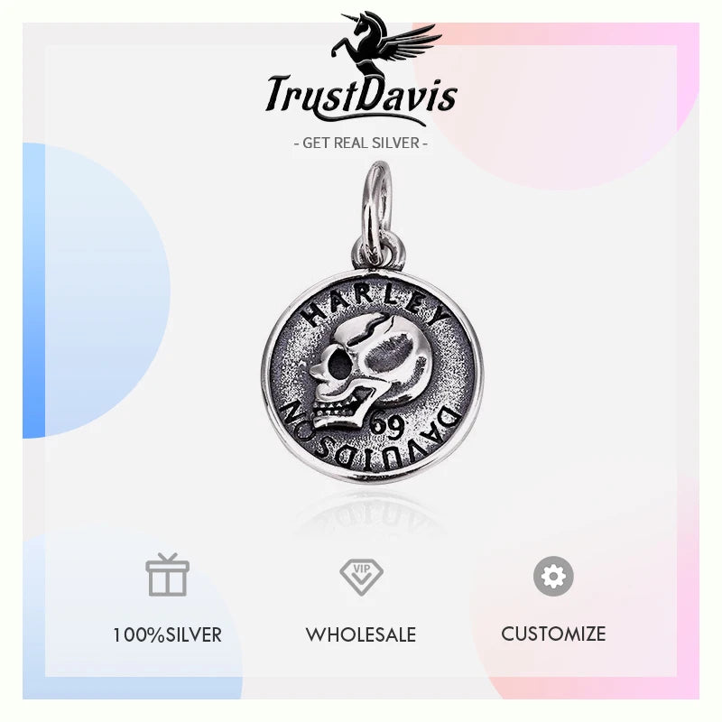 TrustDavis Real 925 Sterling Silver Fashion Retro Skull Head Round Card Charm Pendant Handmade DIY Accessories Jewelry HY044
