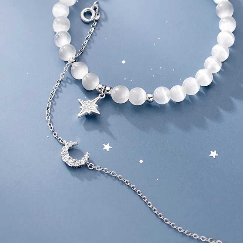 925 Sterling Silver Sweet Synthetic Opal Moon Star Bracelet DB345