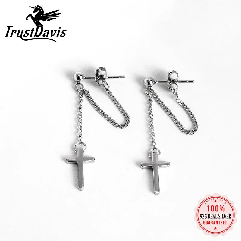 TrustDavis 100% 925 Sterling Silver Cross Chain Stud Earrings Beautiful For Women Lady Silver 925 Jewelry Gift ED470
