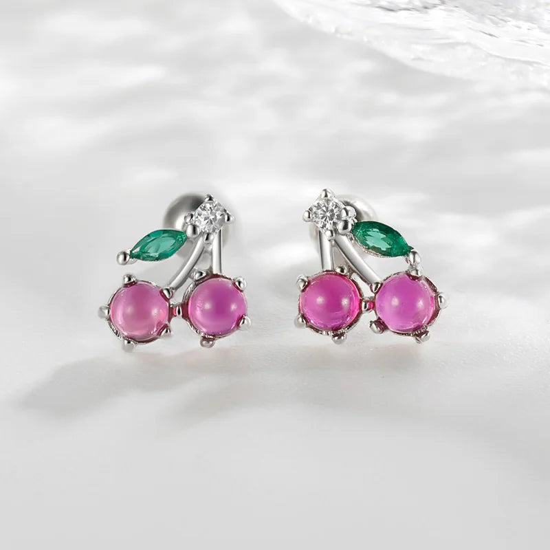 Real 925 Sterling Silver Sweet Cherry Zircon Screw Earrings DA4164