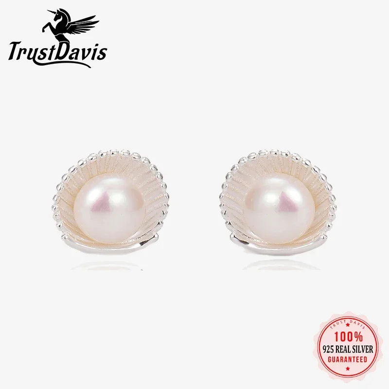 Trustdavis Real 925 Sterling Silver Fine Pearl Shells Screw Stud Earrings Women Daughter Birthday Party Gift Jewelry DS4327