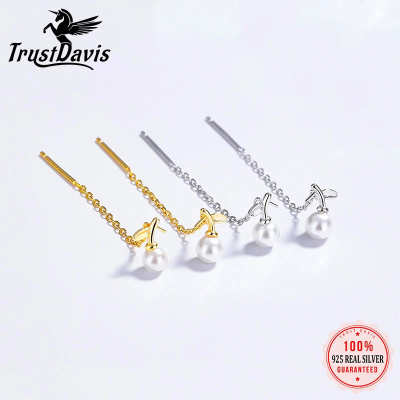 Trustdavis Genuine 925 Sterling Silver Fashion Romantic Leaf Pearl Tassel Ear Line for Women Fashion Silver 925 Jewelry DS4127