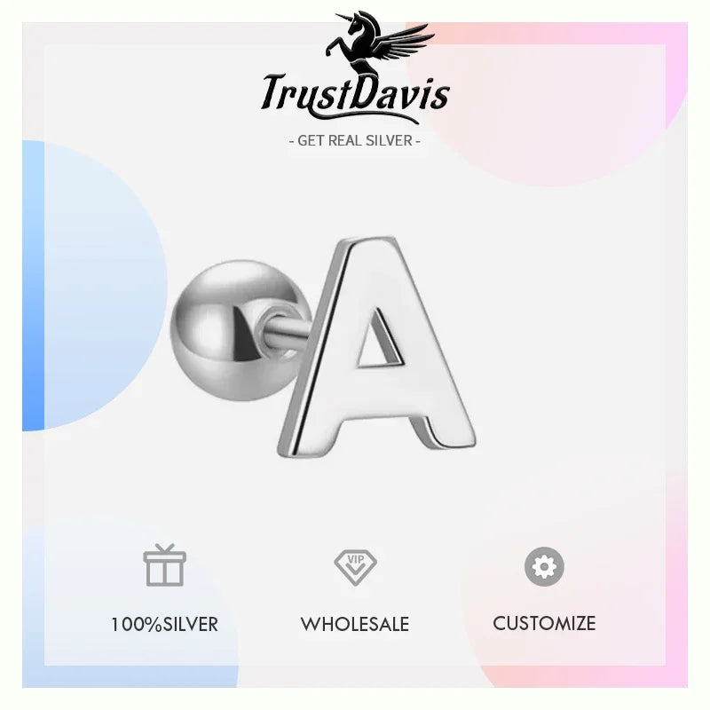 TrustDavis Real 925 Sterling Silver Stud Earrings 26 Letter CZ Screw Beads For Women Children Baby Minimalist Jewelry DA2559