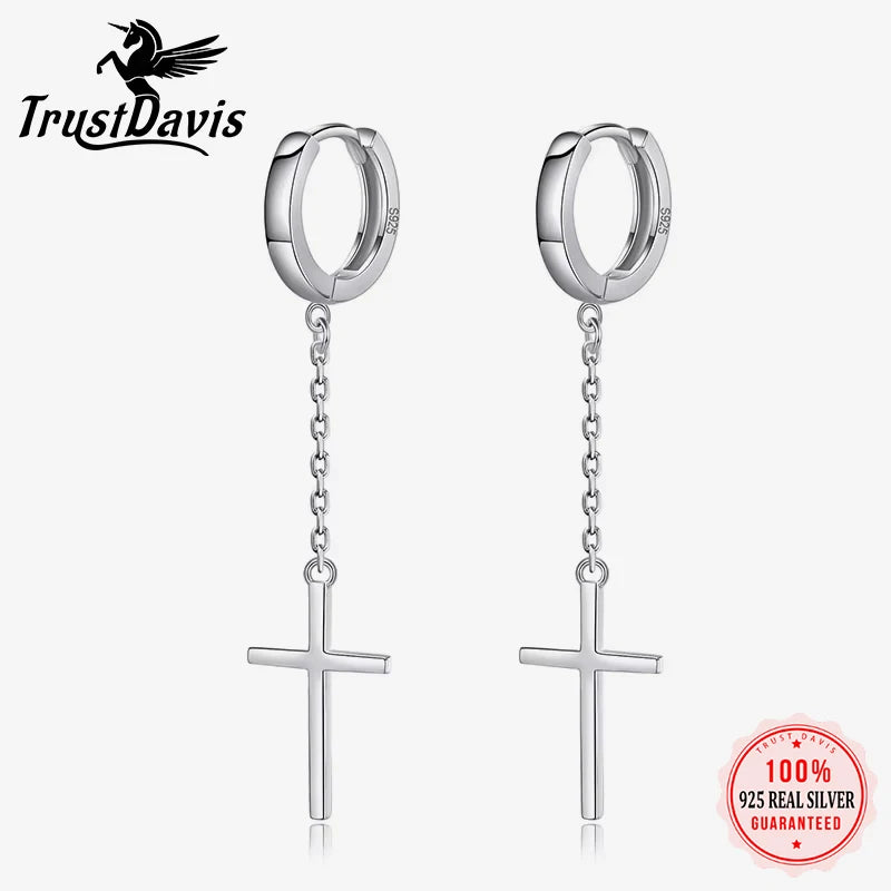 TrustDavis Real 925 Sterling Silver Fashion Cross Chain Hoop Earring For Women Wedding Party Fine S925 Jewelry DA2129