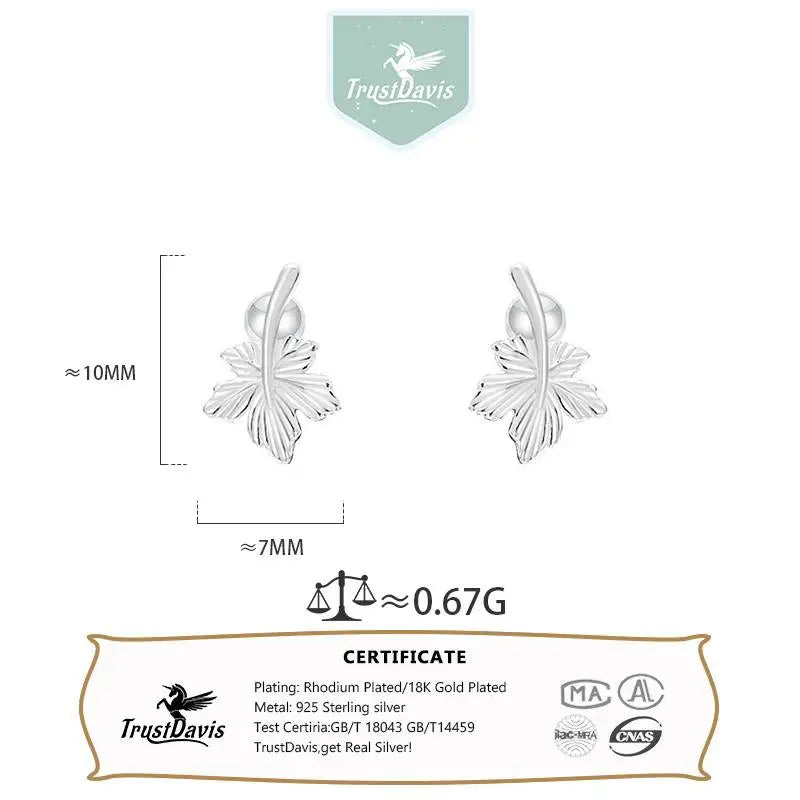 Trustdavis Real 925 Sterling Silver Fashion Stud Earrings Plant Fine for Women Wedding Birthday Present Jewelry DS4016