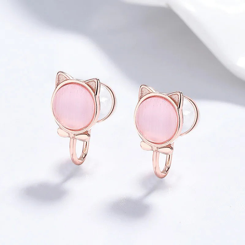 Cat and Fish Cymophane Clips Earrings DS4834