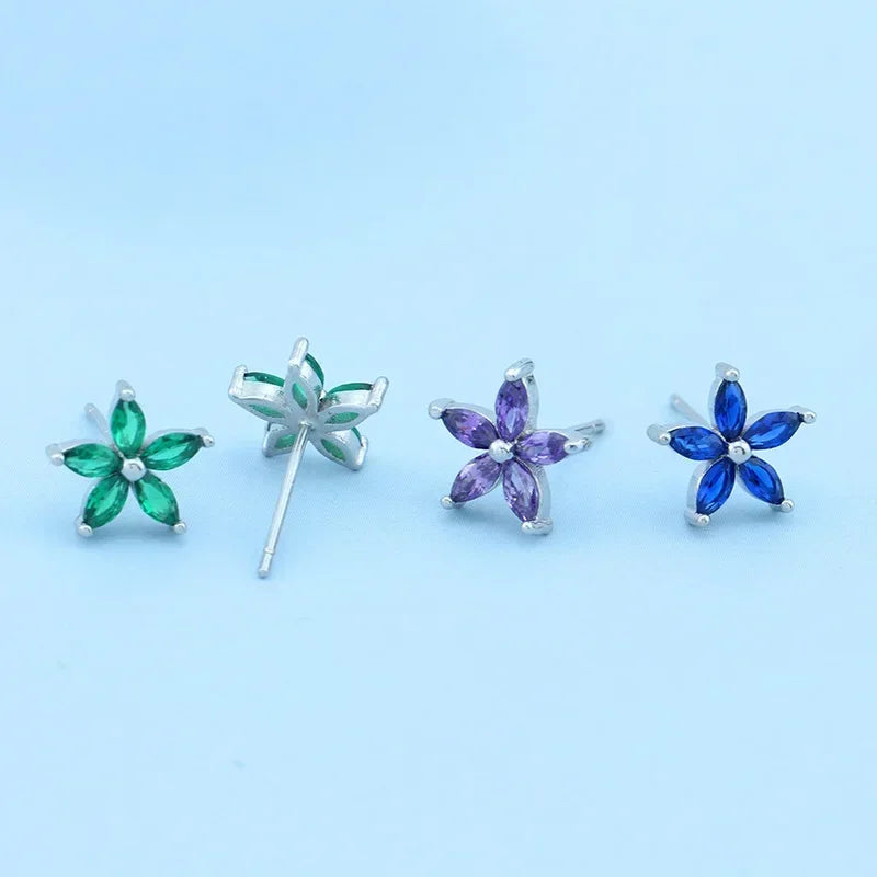 TrustDavis Original Sterling Silver Blue Green Purple CZ Flower Stud Earrings For Women Daughter Girls Fine S925 Jewelry DS4147