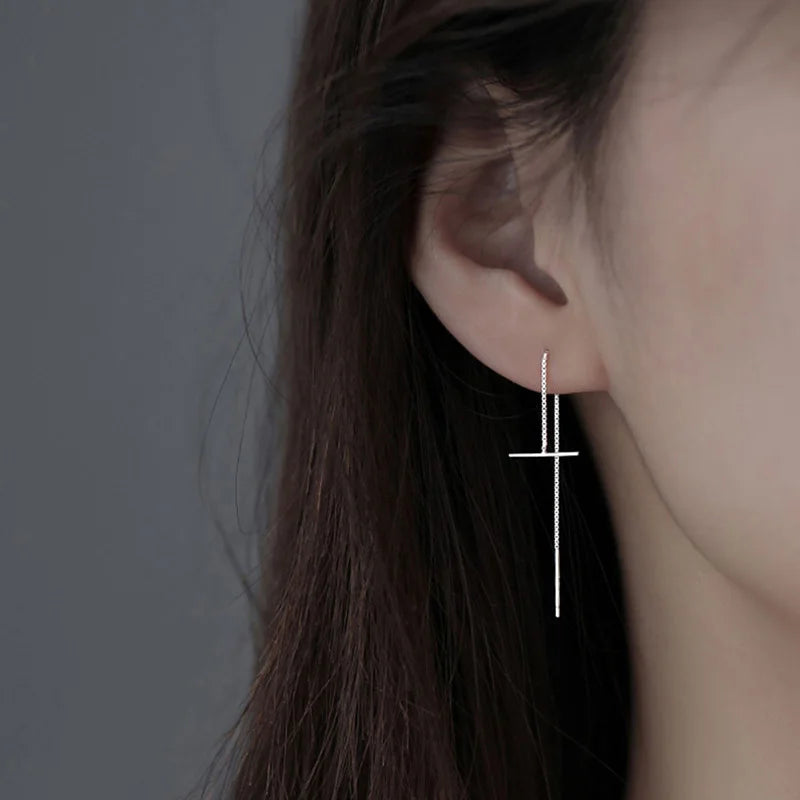 TrustDavis 925 Sterling Silver Ear Line Simple Geometric Drop Earring for Women Teens Wedding Party Fine Jewelry DS3934