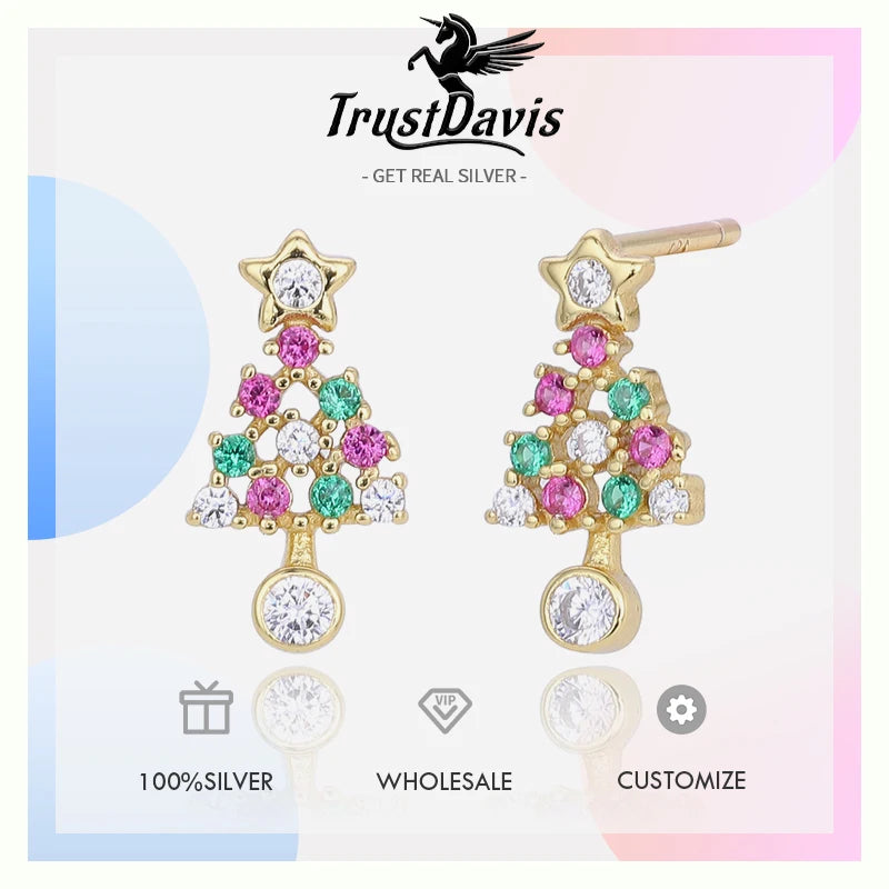 TrustDavis 925 Sterling Silver Women's Fashion Simple Star Christmas Tree Earrings for Women Girls Christmas Jewelry Gift DS4691