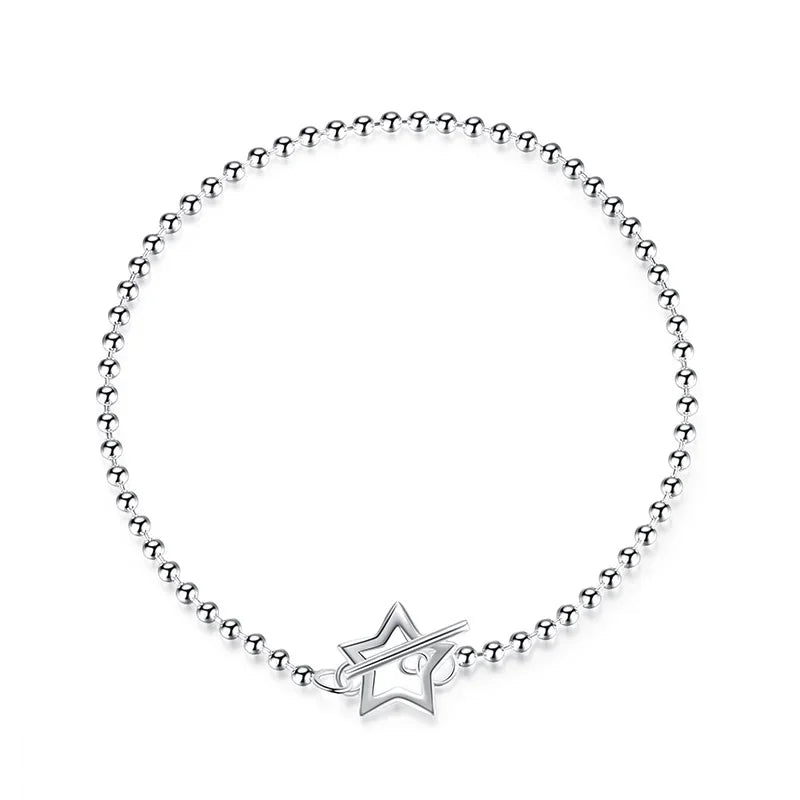 Trusta 100% 925 Solid Real Sterling Silver Fashion Beads Heart Star Bracelet 16cm For Teen Girls Lady Gift Women Jewelry DS1014