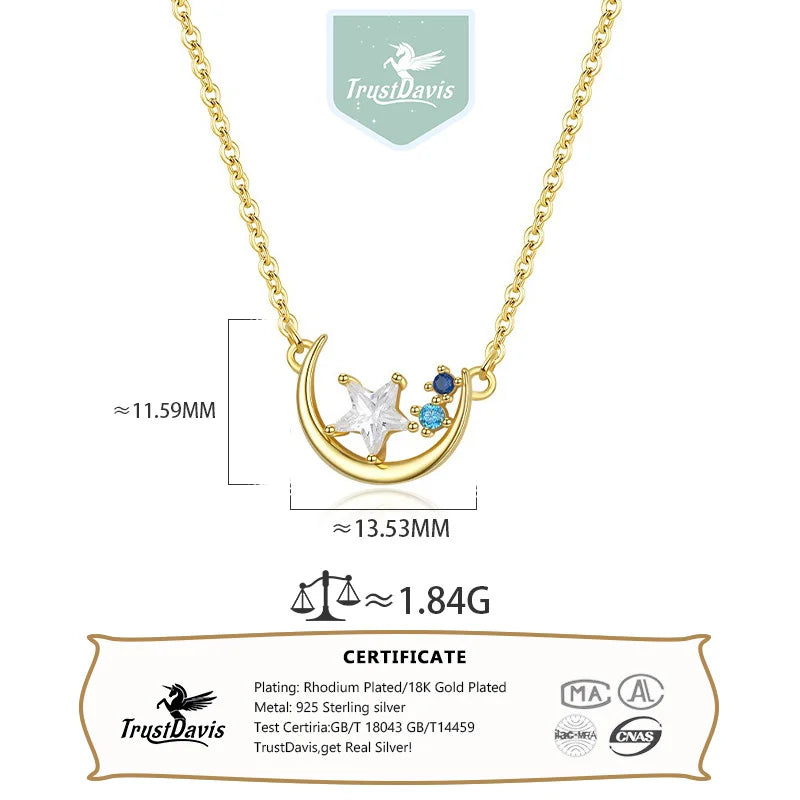 TrustDavis 925 Sterling Silver Women's Fashion Star and Moon Colored Zircon Pendant Necklace for Women Girls Jewelry Gift DS4436