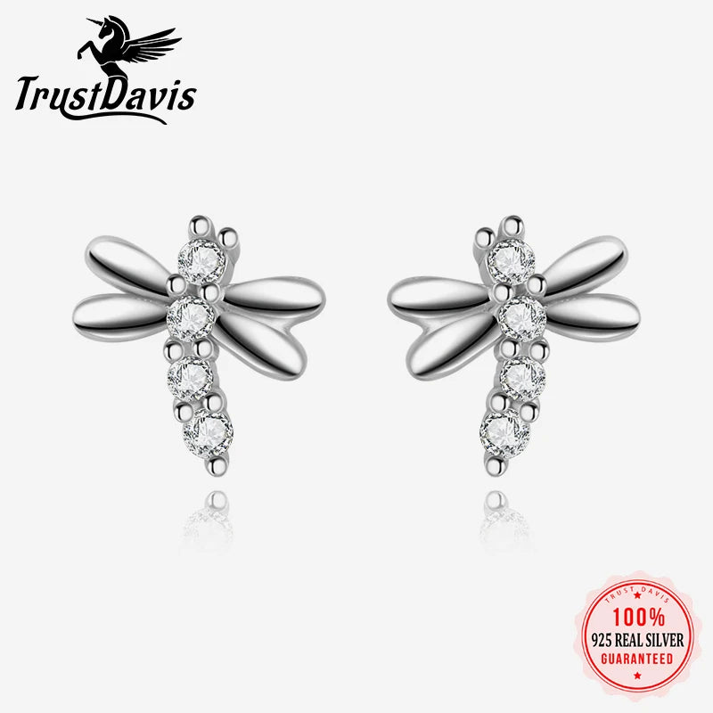 TrustDavis Real 925 Sterling Silver Insect Dragonfly CZ Screw Stud Earrings For Women Girls Fashion Fine Jewelry Gift DS4619