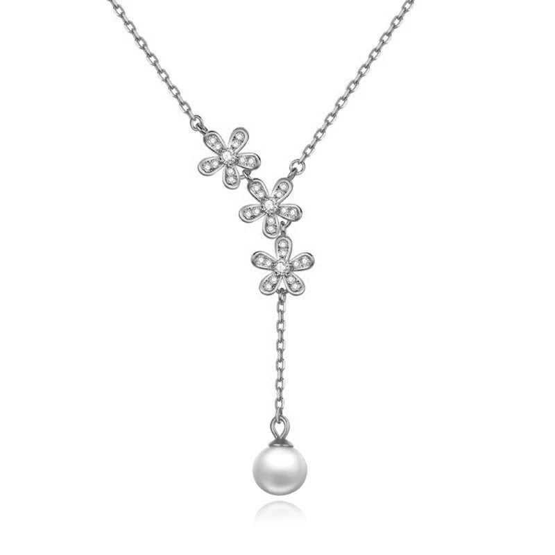 TrustDavis 925 Sterling Silver Women's Necklace Fashion Simple Flower Pearl Necklace for Women Girls Jewelry Gift DS4450