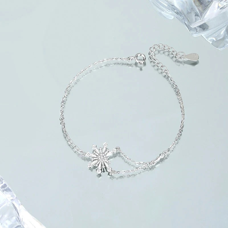 TrustDavis Girls 925 Sterling Silver Fashion Simple Snowflake Zircon Bracelet for Women Girl Christmas Gift Fine Jewelry DS4695