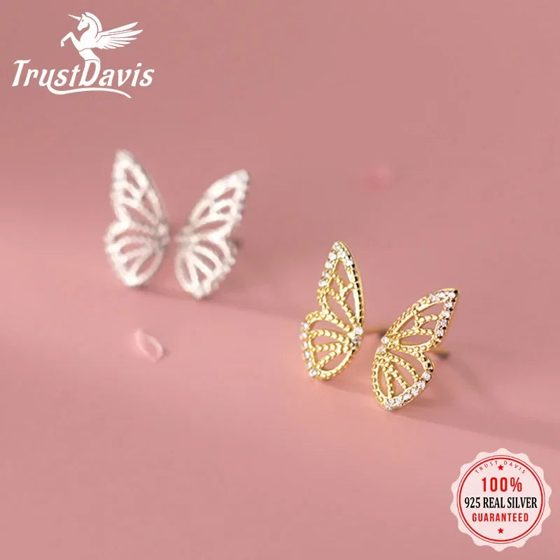 TrustDavis Real 925 Sterling Silver Fashion Insect Butterfly Shiny CZ Stud Earrings for Women Wedding Party Fine Jewelry DA2713