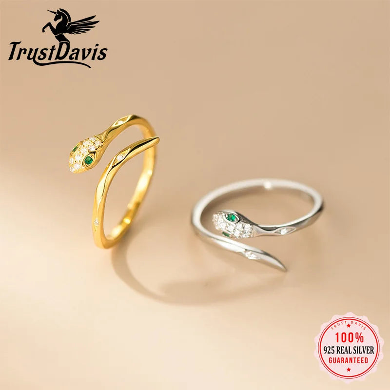 TrustDavis Real 925 Sterling Silver Ring Fashion Sweet Animal Snake Opening Rings for Women Girl Gift Fine Jewelry DS4175