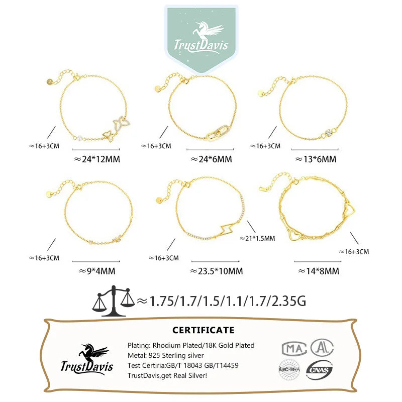 TrustDavis Girls 925 Sterling Silver Fashion Butterfly/Hollow heart/Lightning Bracelet for Women Girl Gift Fine Jewelry DS4662