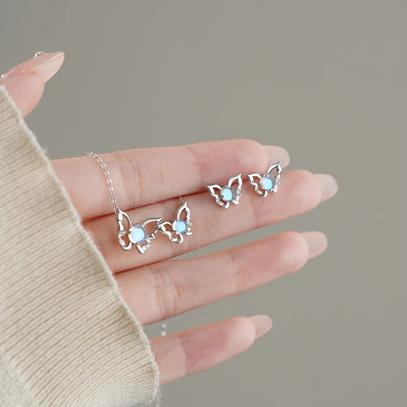 TrustDavis 925 Sterling Silver Women's Fashion Butterfly Moonstone Necklace and Earring Set for Women Girls Jewelry Gift DS4302