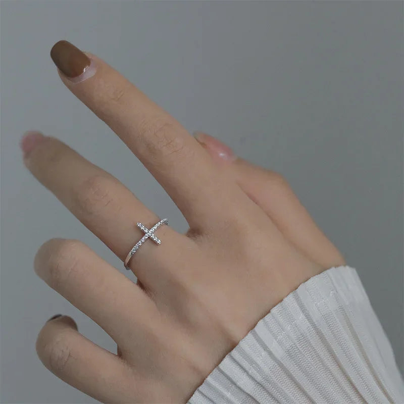 925 Sterling Silver Cross Zircon Open Ring DS4138