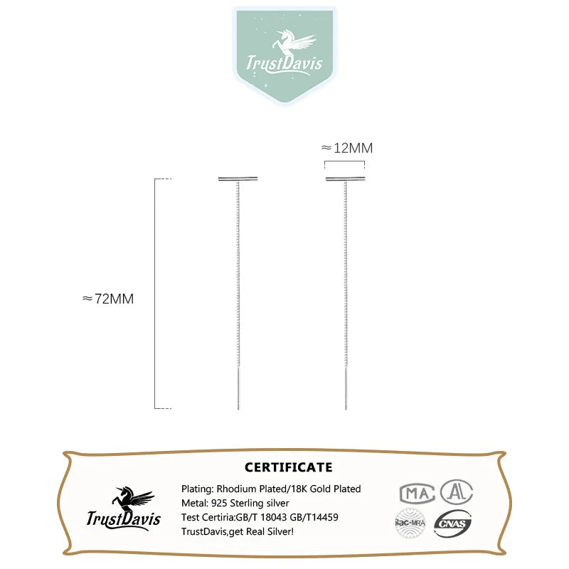 TrustDavis 925 Sterling Silver Ear Line Simple Geometric Drop Earring for Women Teens Wedding Party Fine Jewelry DS3934