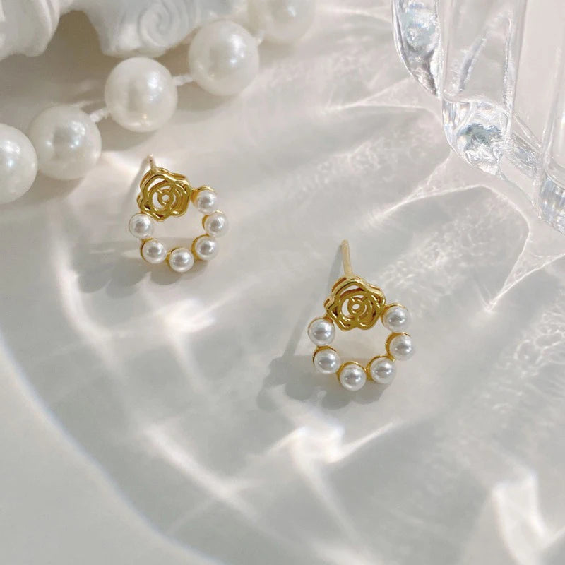 TrustDavis 925 Sterling Silver Women's Rose Earrings Fashion Vintage Pearl Rose Earrings for Women Girls Jewelry Gift DS4306