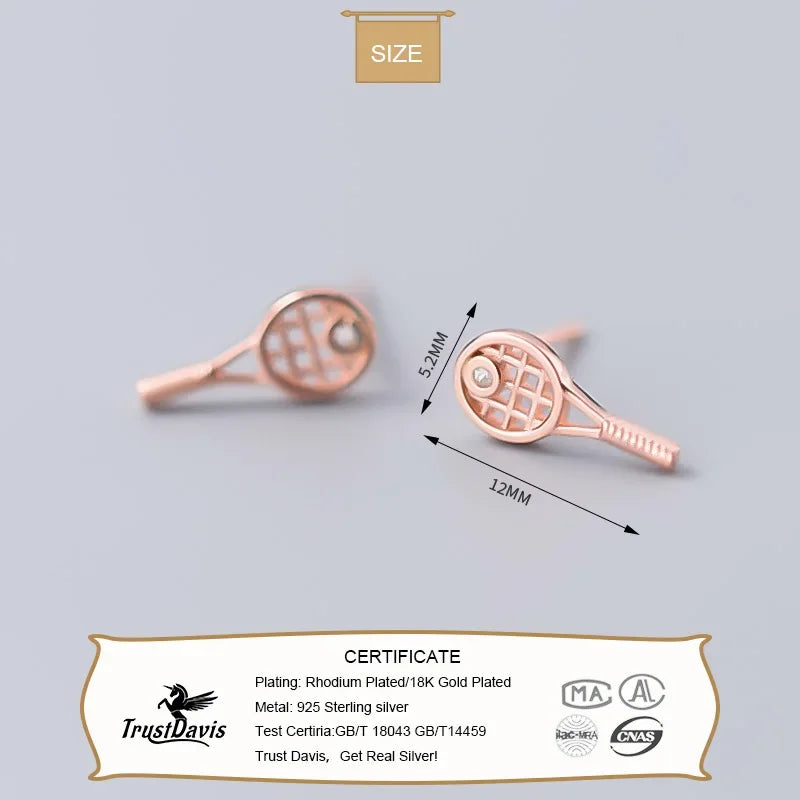 TrustDavis 925 Sterling Silver Women's Fashion Small Tennis Racket Stud Earrings Gift For Girls Teens Earring Jewelry DS1283