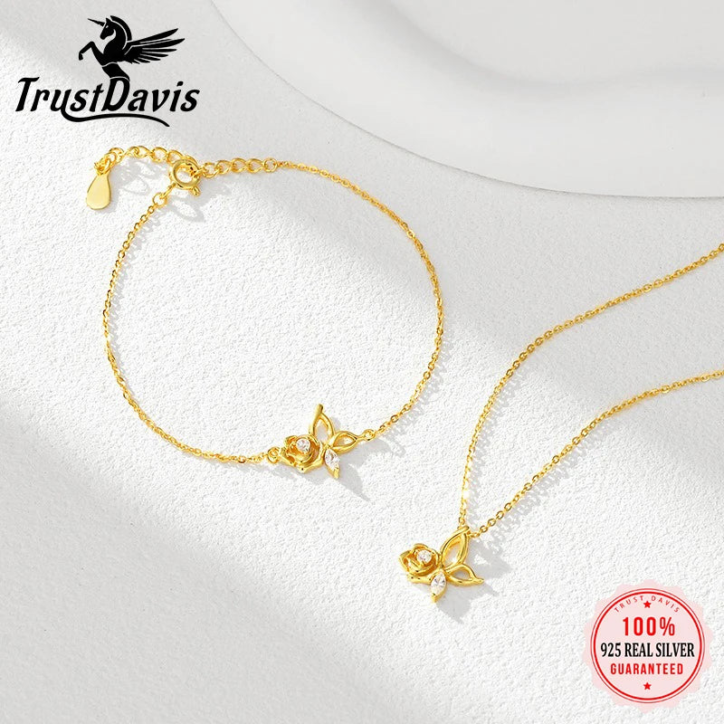 TrustDavis 925 Sterling Silver Women's Fashion Zircon Simple Rose Butterfly Zircon Necklace for Women Girls Jewelry Gift DS4435