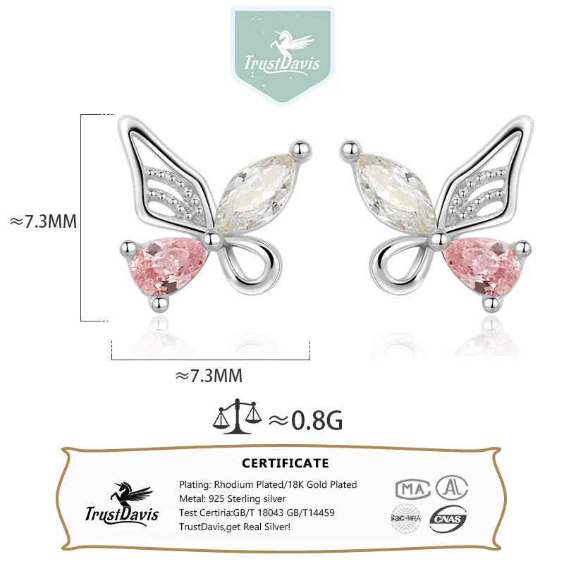 TrustDavis 2024 Real 925 Sterling Silver Sweet Butterfly Screw Stud Earring for Women Daughter Birthday Gift Fine Jewelry DS4618