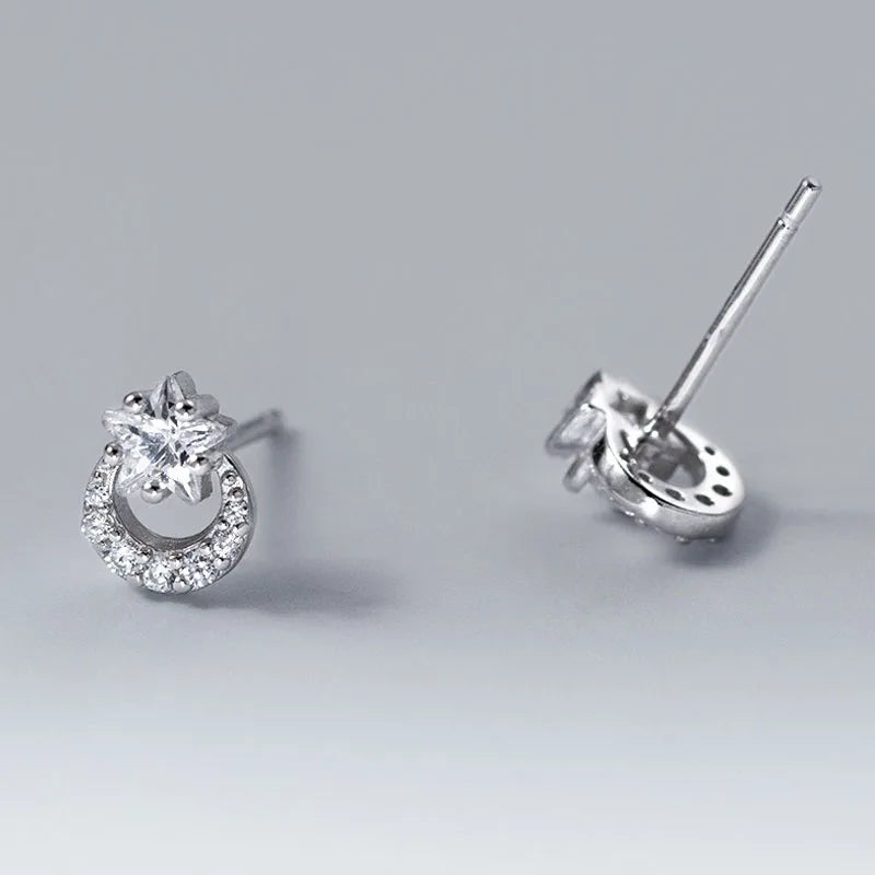 Real 925 Sterling Silver Star Moon Zircon Stud Earrings DS4950