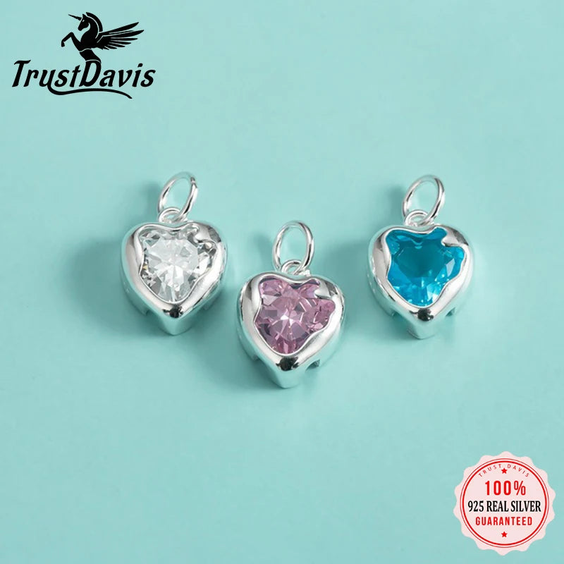 TrustDavis Real 925 Sterling Silver Sweet Zircon Heart Charm Pendant Handmade DIY Accessories Fine Jewelry Wholesale DZ1773