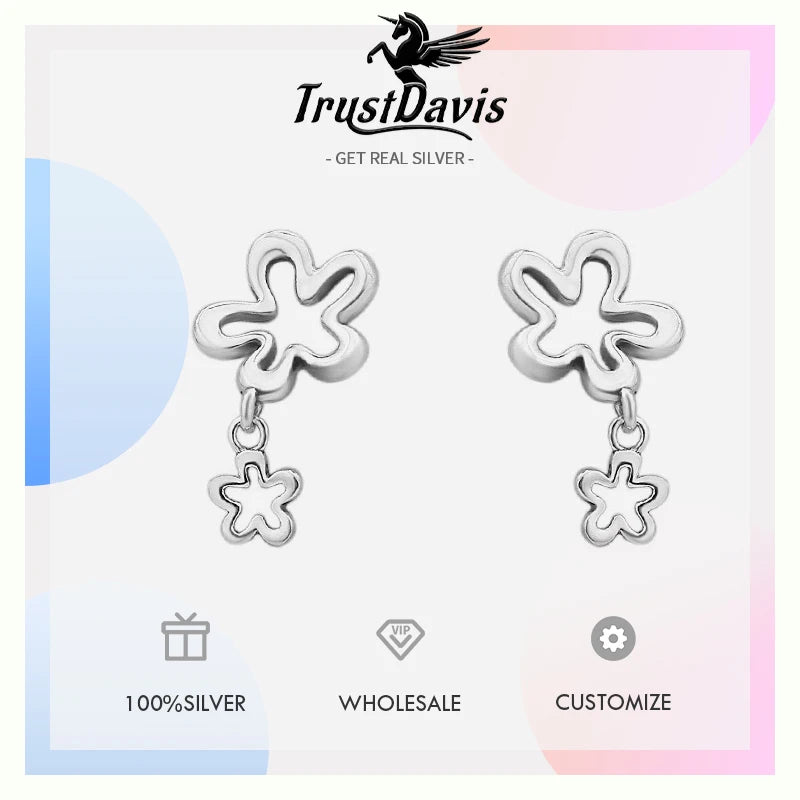 TrustDavis 925 Sterling Silver Women's Flower Earring Fashion Sweet Two Flower Stud Earrings for Women Girls Jewelry Gift DS4289