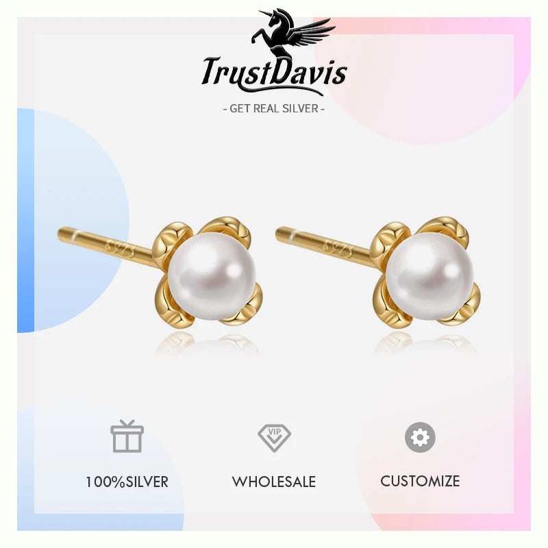Real 925 Sterling Silver Flower Pearl Stud Earrings DS4958