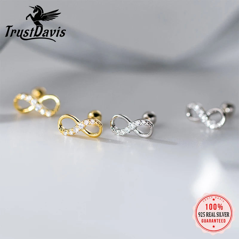 TrustDavis 925 Sterling Silver Women's Fashion Simple Zirconia Infinity Stud Earrings for Women Girls Jewelry Gift DS4651